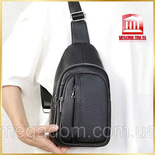 Шкіряна нагрудна чоловіча сумка слінг чорна TIDING BAG