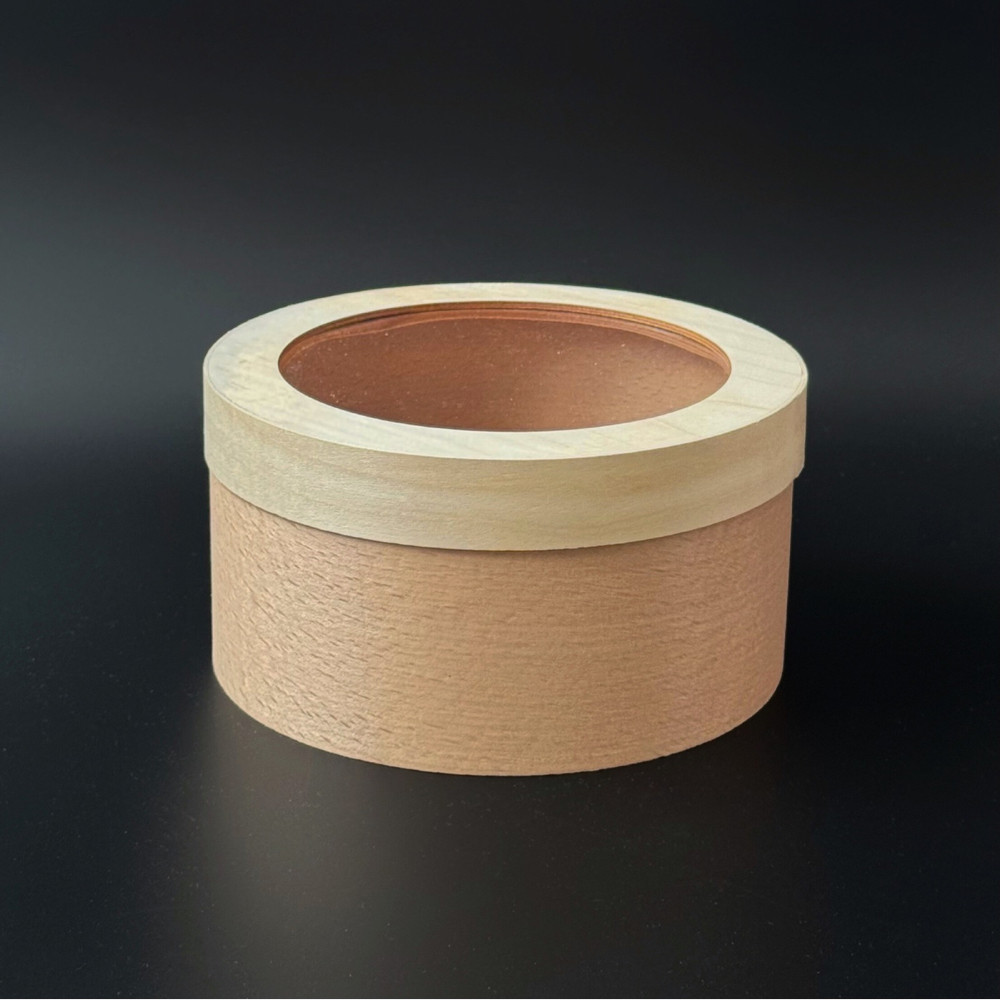 Коробка подарункова з букового шпону кругла 18*9 см з прозорою кришкою, фото 1