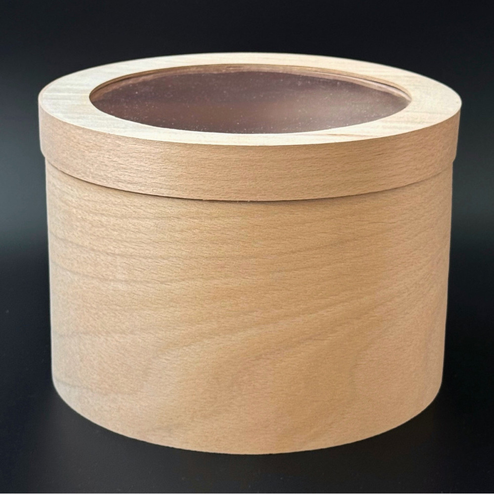 Коробка подарункова з букового шпону кругла 23*16 см з прозорою кришкою, фото 1