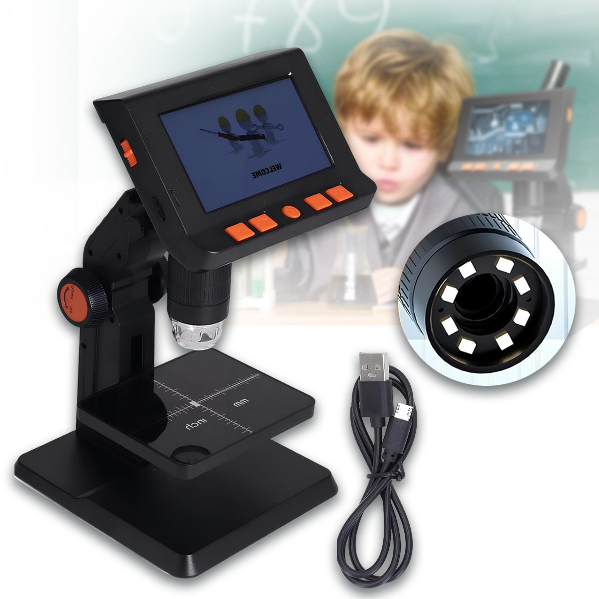 Цифровий мікроскоп з кольоровим монітором на 4.3 дюйми та 8 світлодіодів Чорний, фото 1