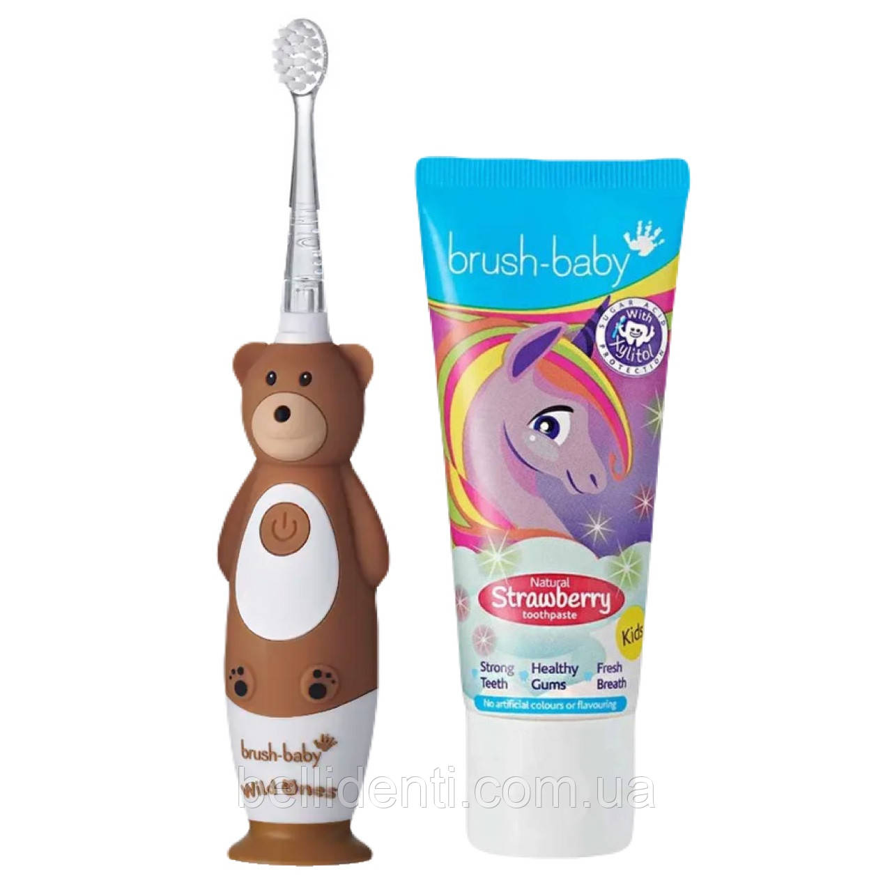 Набір від 3 до 10 років (щітка Brush Baby WildOnes Sonic, ведмедик і паста Brush-Baby 50 мл, єдиноріжка)