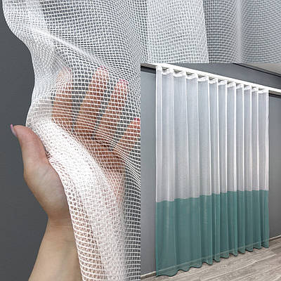 Тюль сітка льон. Колір білий з бірюзовим. Код 1749т