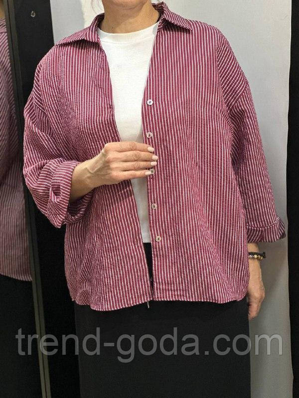 Сорочка жіноча подовжена в смужку на ґудзиках Стильна класична жіноча сорочка оверсайз норма батал, фото 1