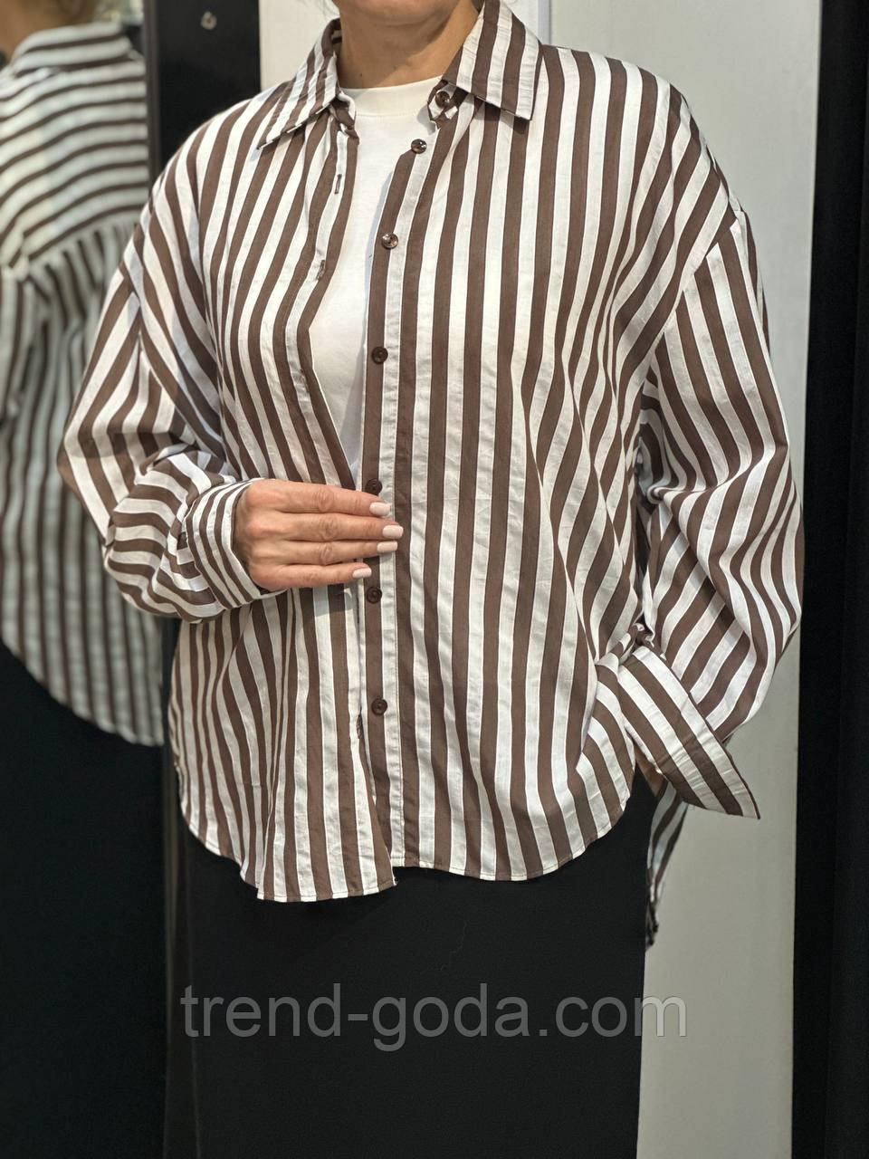Жіноча стильна рубашка в полоску подовжена, коттоновая рубашка оверсайз норма батал Туреччина, фото 1