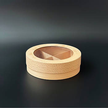 Коробка з букового шпону кругла 16*4 см з прозорою кришкою і розділювачем на 4 частин