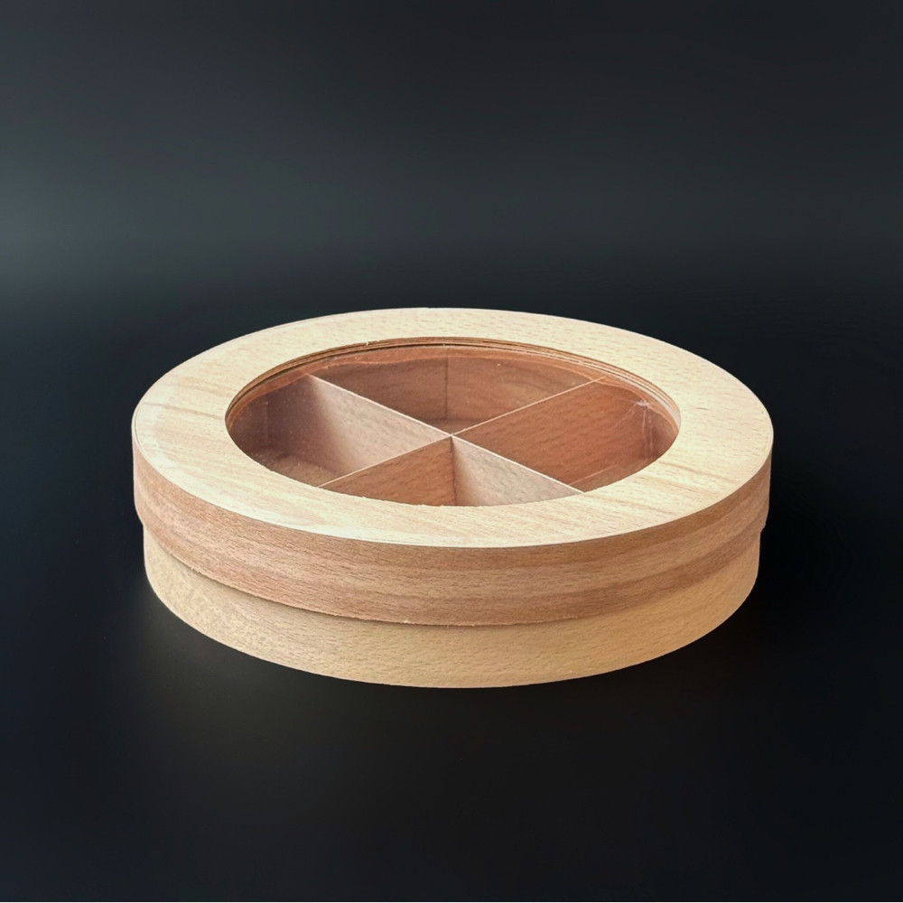 Коробка з букового шпону кругла 20*4 см з прозорою кришкою і розділений на 4/6 частин, фото 1