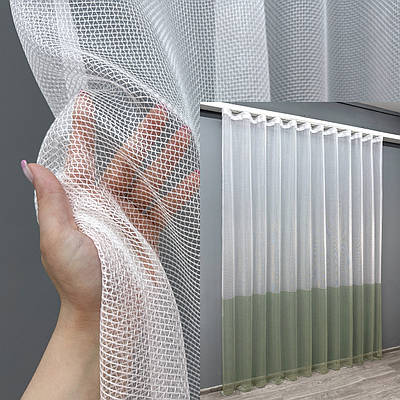 Тюль сітка льон. Колір білий з оливковим. Код 1747т