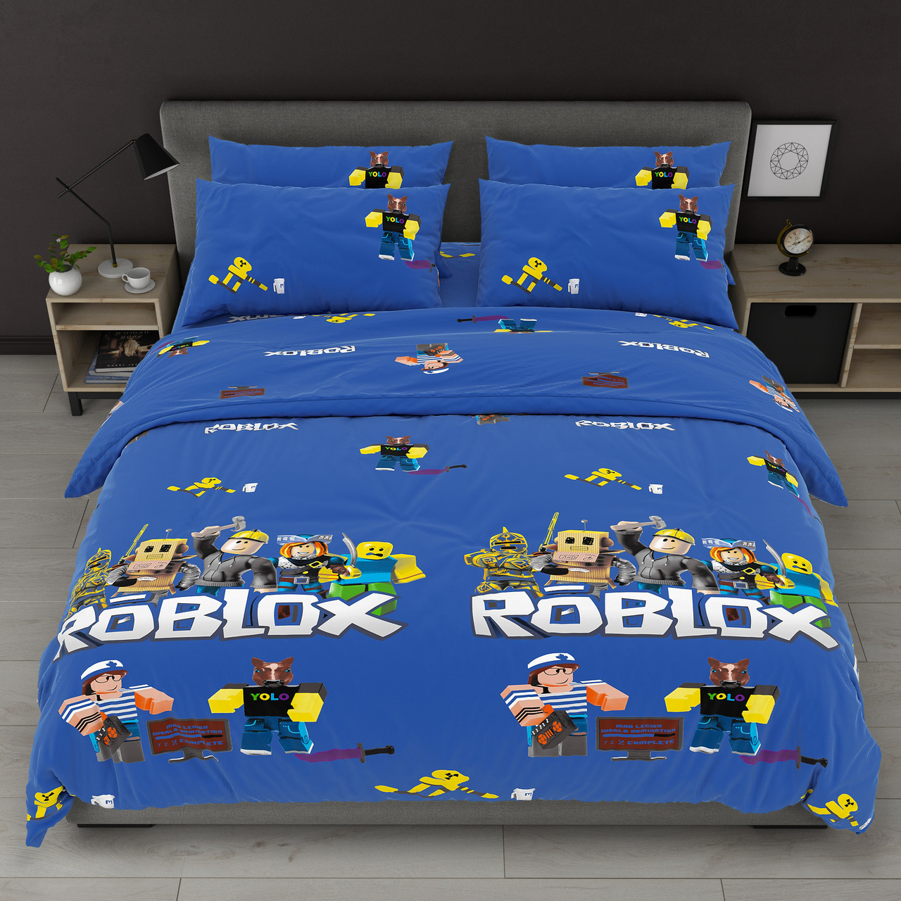 Підковдра на блискавці 145х215 (Бязь) | Полуторна підковдра від виробника "Королева Ночі" | Roblox на синьому, фото 1