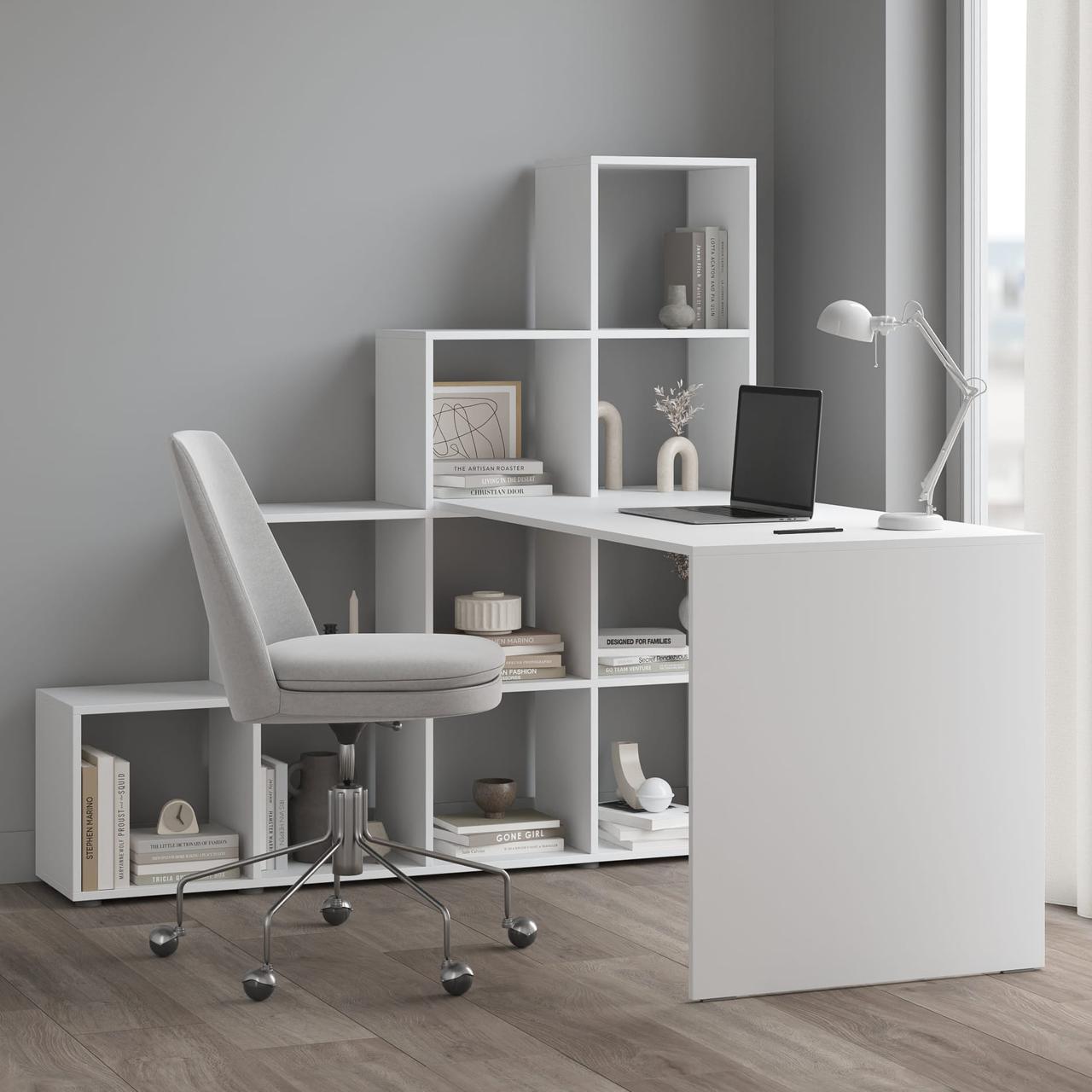 Стильний письмовий стіл зі стелажем збоку на 10 відкритих комірок Стіл комп'ютерний універсальний для роботи, фото 1