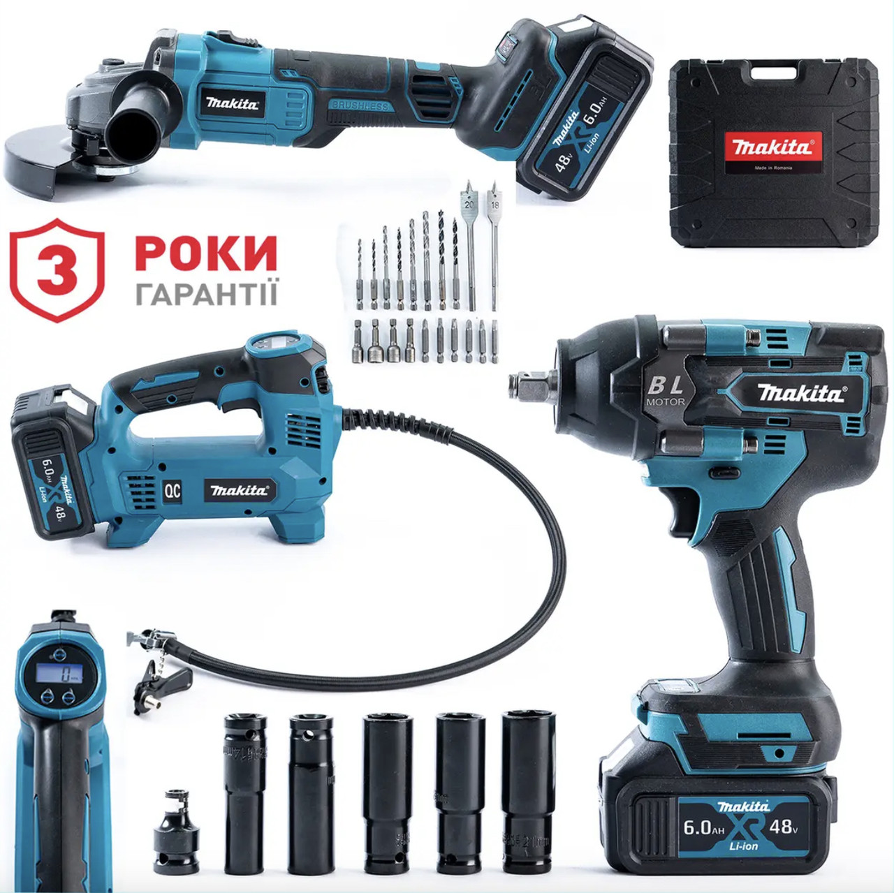 Безщітковий акумуляторний набір Makita 3в1 (48 V 6 Ah) Гайковерт TW001GD+Болгарка DGA554ZL+Компресор DMP180, фото 1