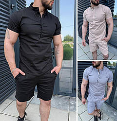 Чоловічий літній костюм, комплектом сорочка та шорти лляний стильний легкий, чорний, бежевий, сірий