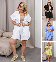 Жіночий костюм сорочка та шорти модний літній льон, великого розміру 50/52, 54/56, 58/60