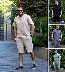 Чоловічий костюм із шортами літній льон жатка модний повсякденний, бежевий, чорний, зелений, сірий