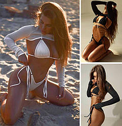 Гарний роздільний купальник бікіні 3 в 1 з рукавами сексуальний трикутник шторки на зав'язках, білий