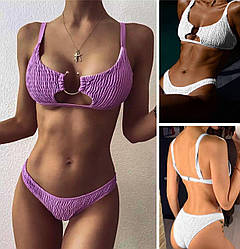 Модний купальник жатка роздільний гарний бікіні з кільцем і м'якою чашкою, бузковий, білий, розмір S, M, L