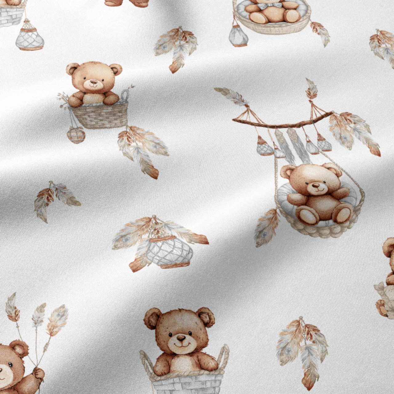 Бязь "Ведмедики на гойдалках та в плетених кошиках" на білому тлі № Е-3518, фото 1