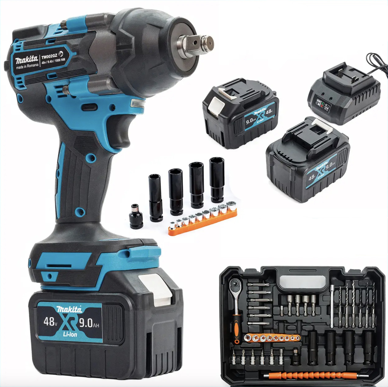 Акумуляторний безщітковий ударний гайковерт Makita TW002GZ 1000Hm (48V, 9AH) з набором головок Макіта, фото 1