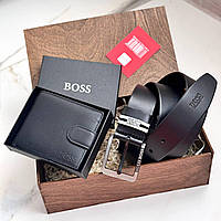 Чоловічий подарунковий набір ремінь і портмоне дерев'яній коробці Boss (202)