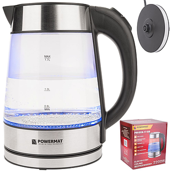 Скляний електрочайник Powermat PM0807 2200 Вт LED підсвітка, бездротовий чайник