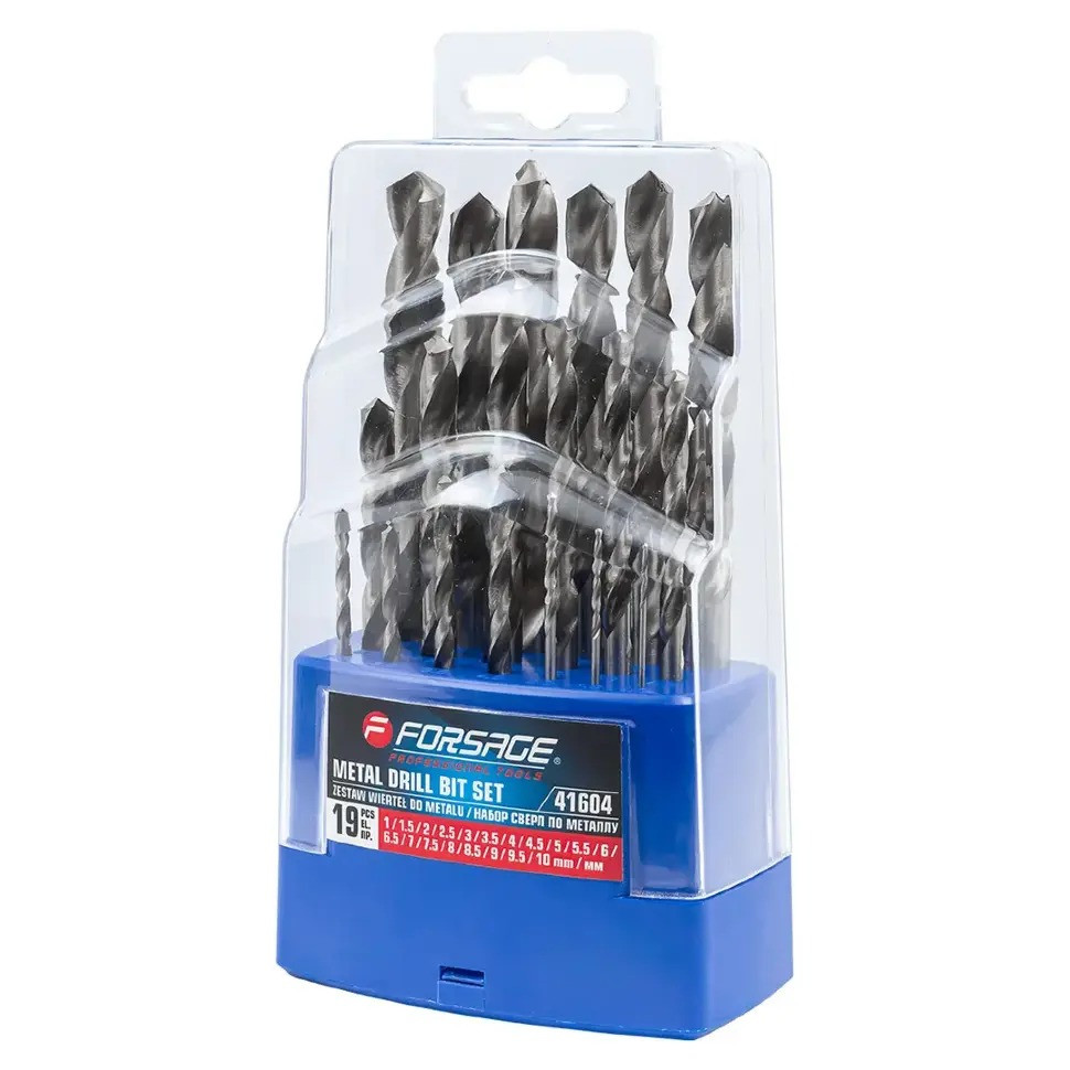 Набір свердел по металу 19 предметів (1-10 мм, крок 0.5 мм, у пластиковому футлярі) Forsage F-41604