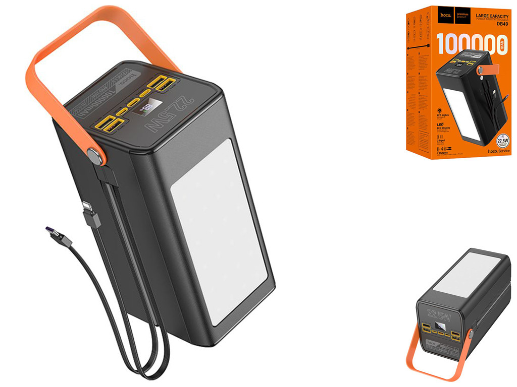 Ультрамкий повербанк 100000mAh Hoco (з вбудованими кабелями, ліхтариком, 22.5W)