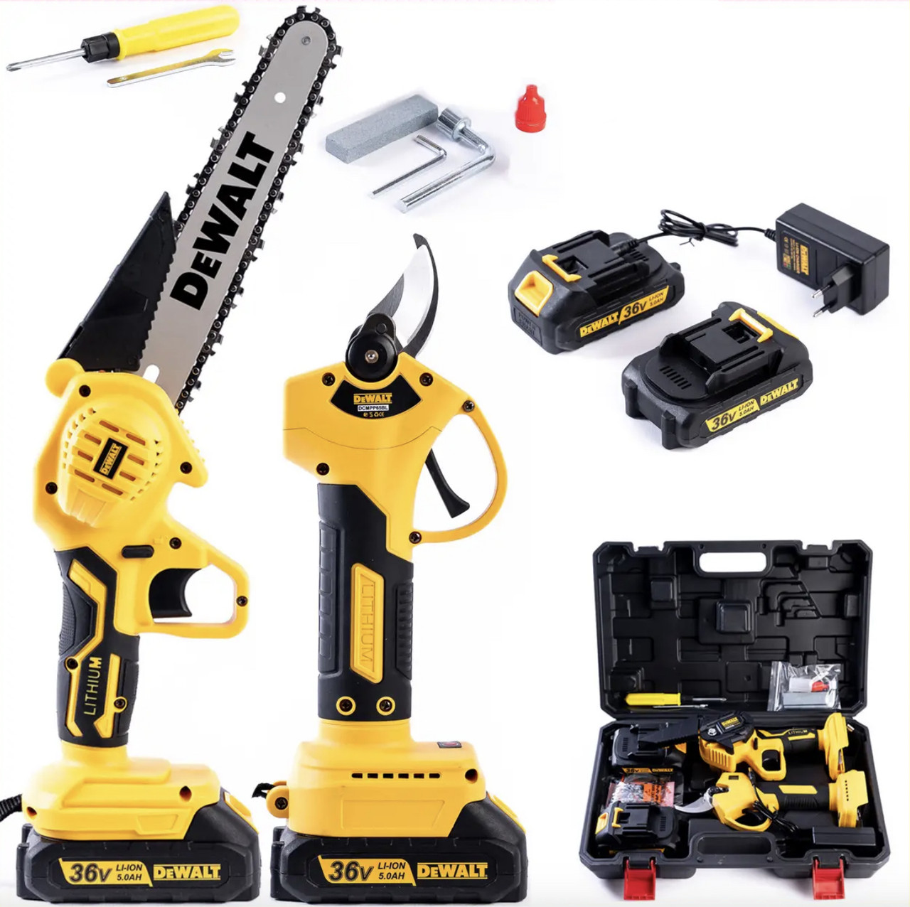 Акумуляторний набір DeWalt 2в1 36V Мініпила ланцюгова DCM160N 20 см + Секатор DCMPP65BL з різом 30 мм Девольт, фото 1