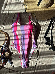 Жіночий суцільний купальник рожевий у вертикальну смужку, біфлекс, з чашками, S, M