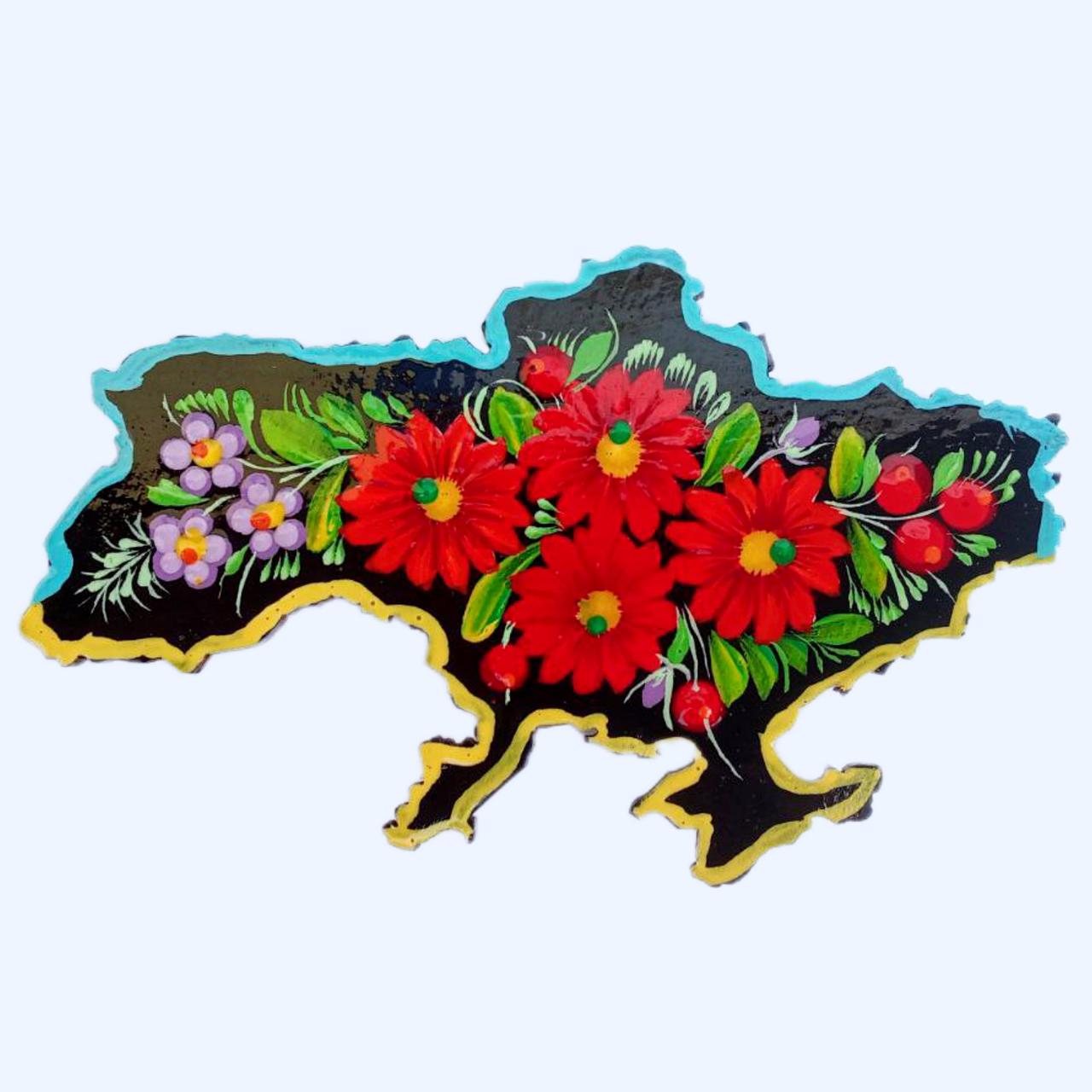 Магніт "Карта Україн червоні квіти" 12*8 см., з Петриківським розписом фанерна