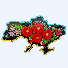 Магніт "Карта Україн червоні квіти" 12*8 см., з Петриківським розписом фанерна