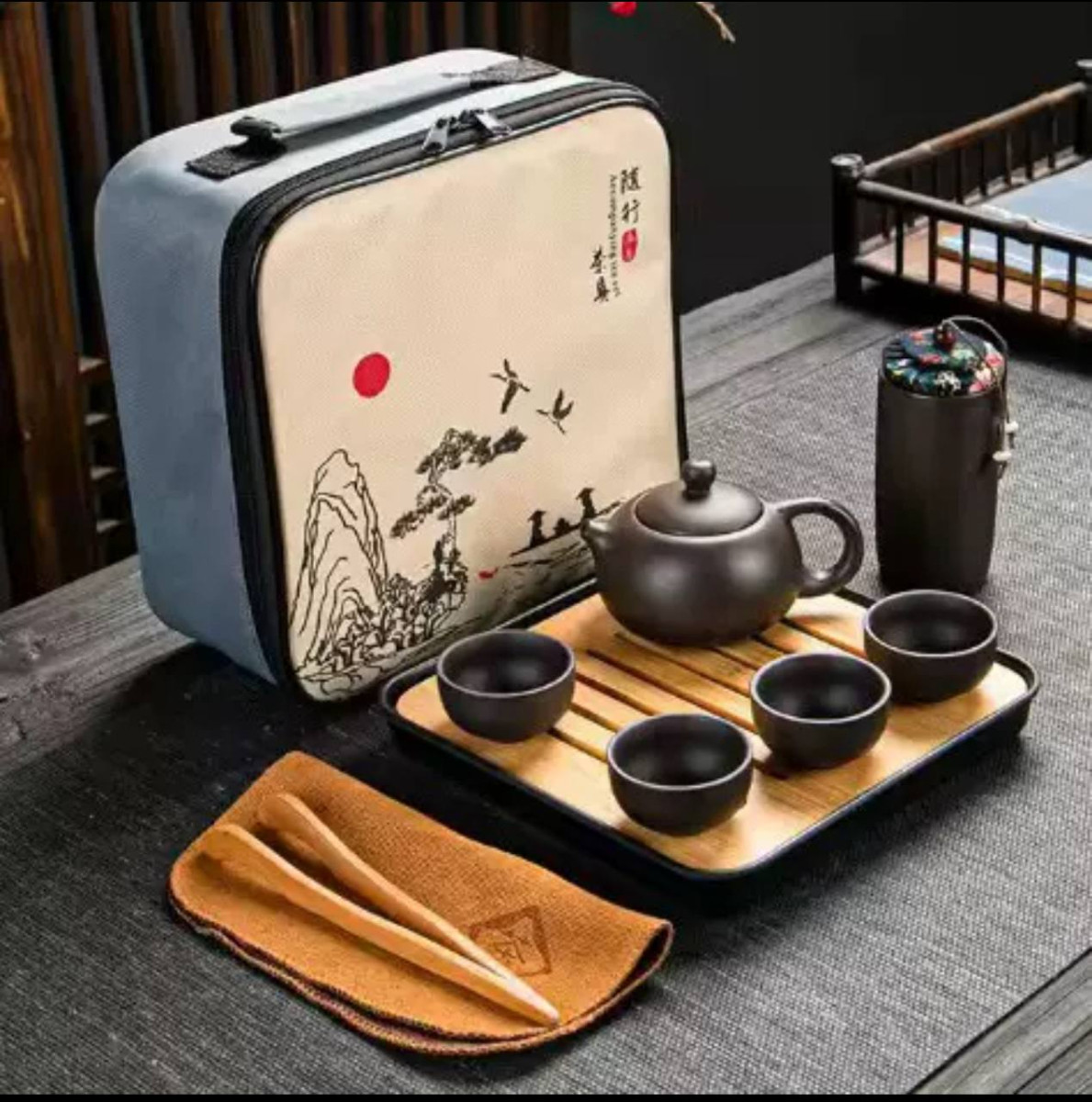 Дорожній набір для Чайної церемонії на 4 персони у кейсі (10 предметів) Коричневий, фото 1