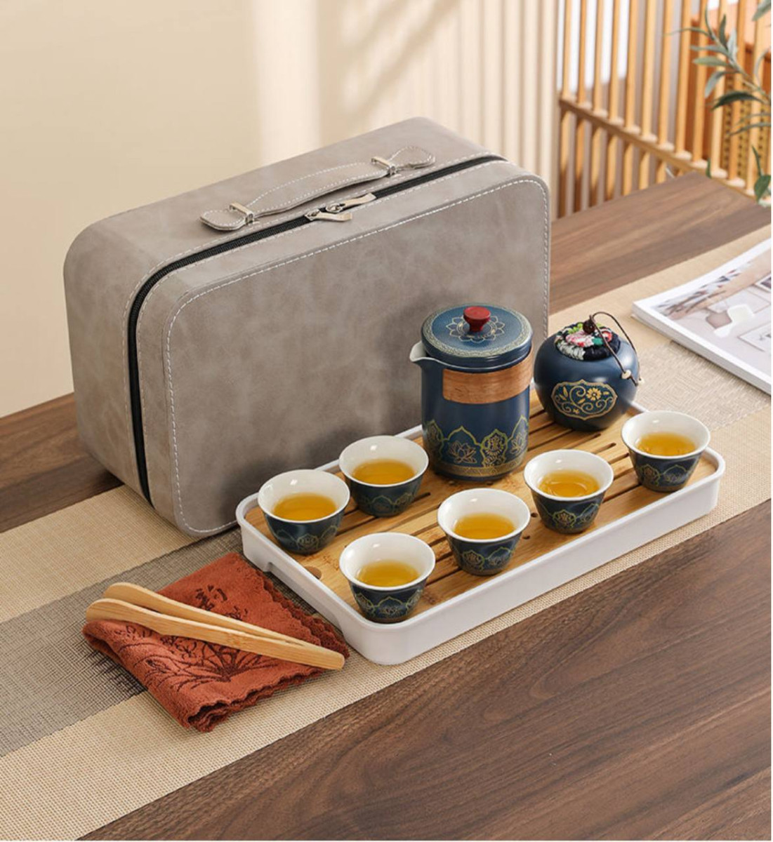 Дорожній набір для Чайної церемонії на 6 персони у кейсі (12 предметів) Синій з принтом, фото 1