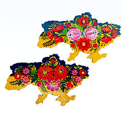 Магніт "Карта Україн жовто блакитна" 12*8 см., з Петриківським розписом фанерна