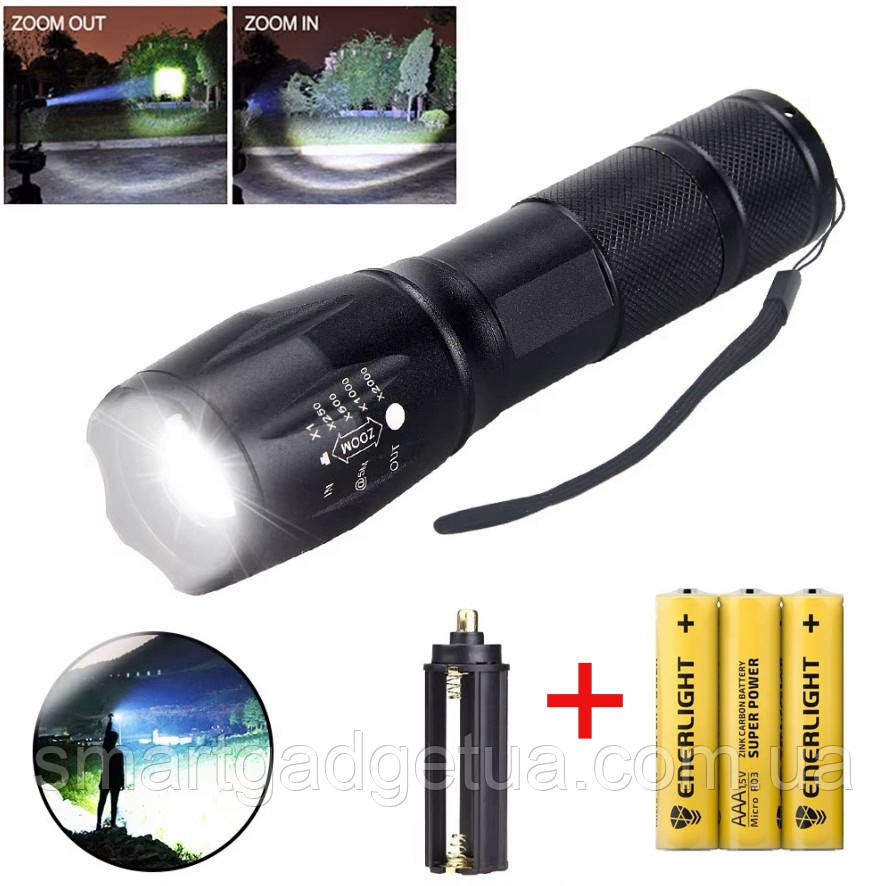 Потужний Телескопічний тактичний Ліхтарик 5 в 1 з білим світлом / LED ліхтар + 3 батарейки AAA, фото 1