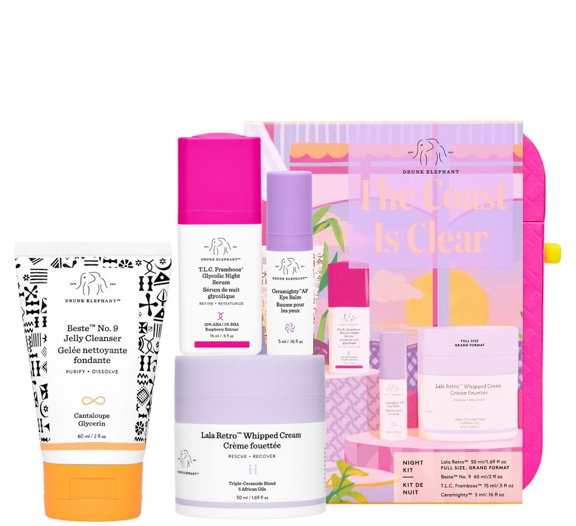 Набір для нічного догляду за шкірою Drunk Elephant (крем Lala Retro, сироватка Framboos, крем для повік, гель для вмивання), фото 1