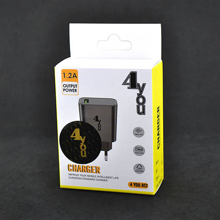 Зарядний пристрій 4you A12 (1.2A, 1USB, Led підсвічування) black, фото 2