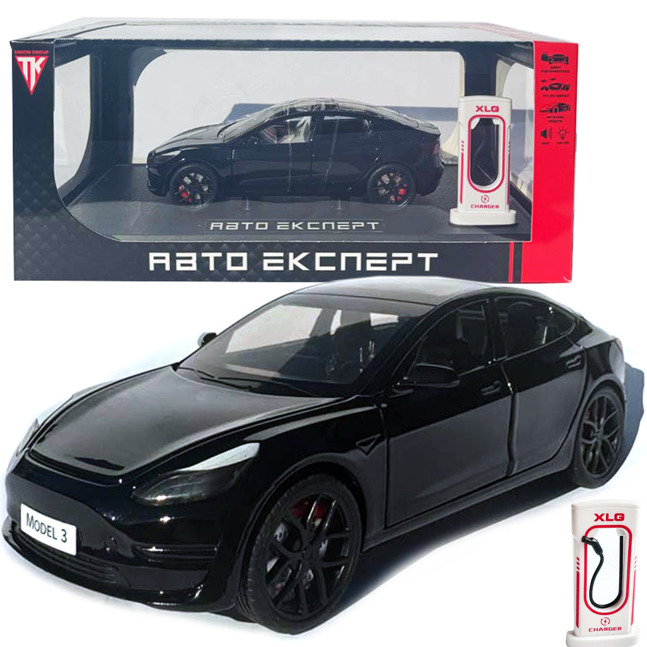 Машинка метал Tesla model 3 чорна Тесла електромобіль1:24 відкр двері баг капот звук світло 18,5*6*8,5см (EL-94022), фото 1