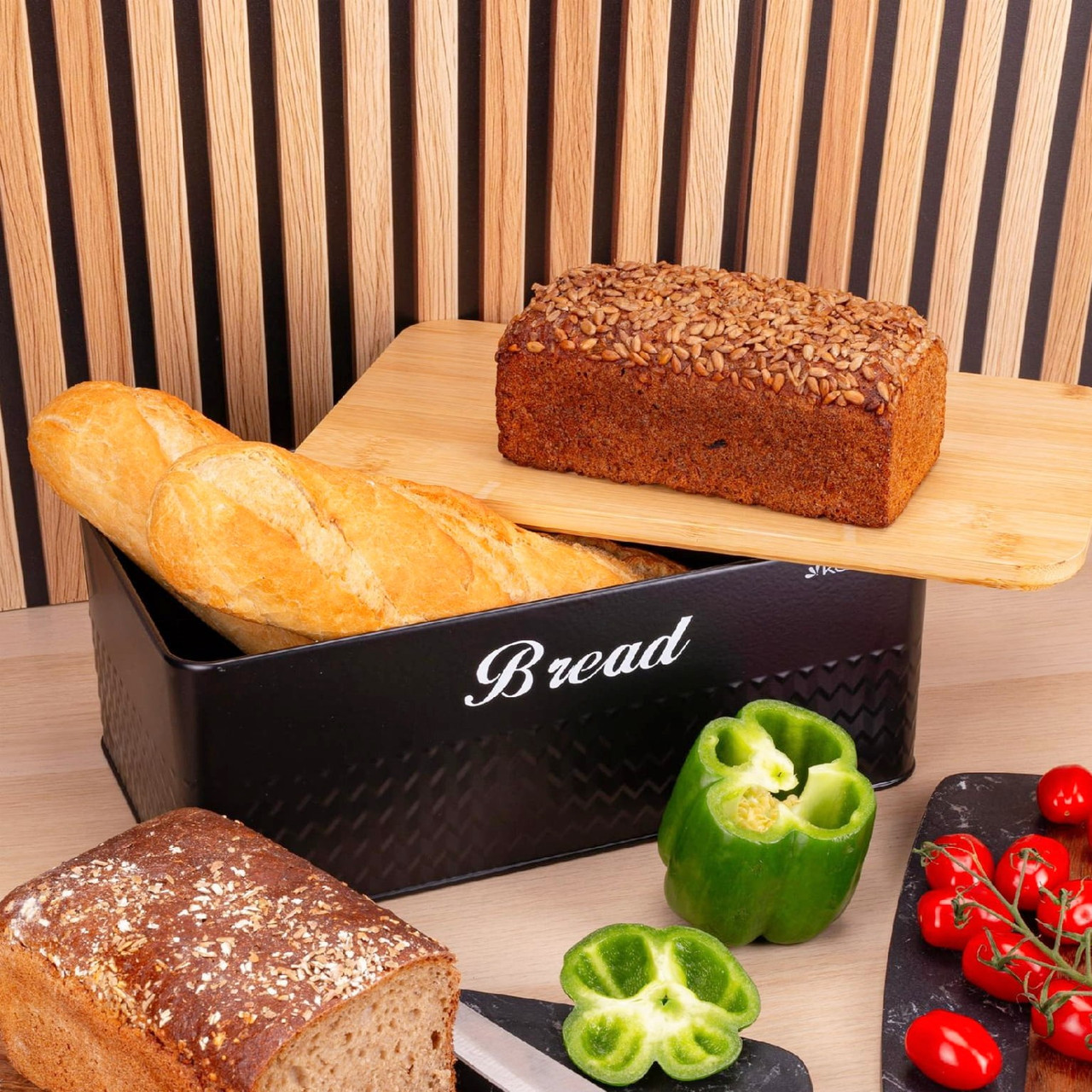 Хлібниця металева з кришкою з бамбука Kamille 33×18×12 см KM-1124, фото 1