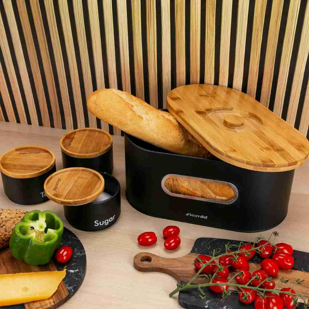 Хлібниця металева з 3 ємностями Kamille з бамбуковими кришками KM-1125