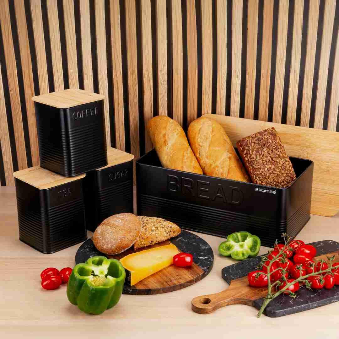 Хлібниця Kamille з нержавіючої сталі з бамбуковою кришкою і 3 ємностями KM-1126