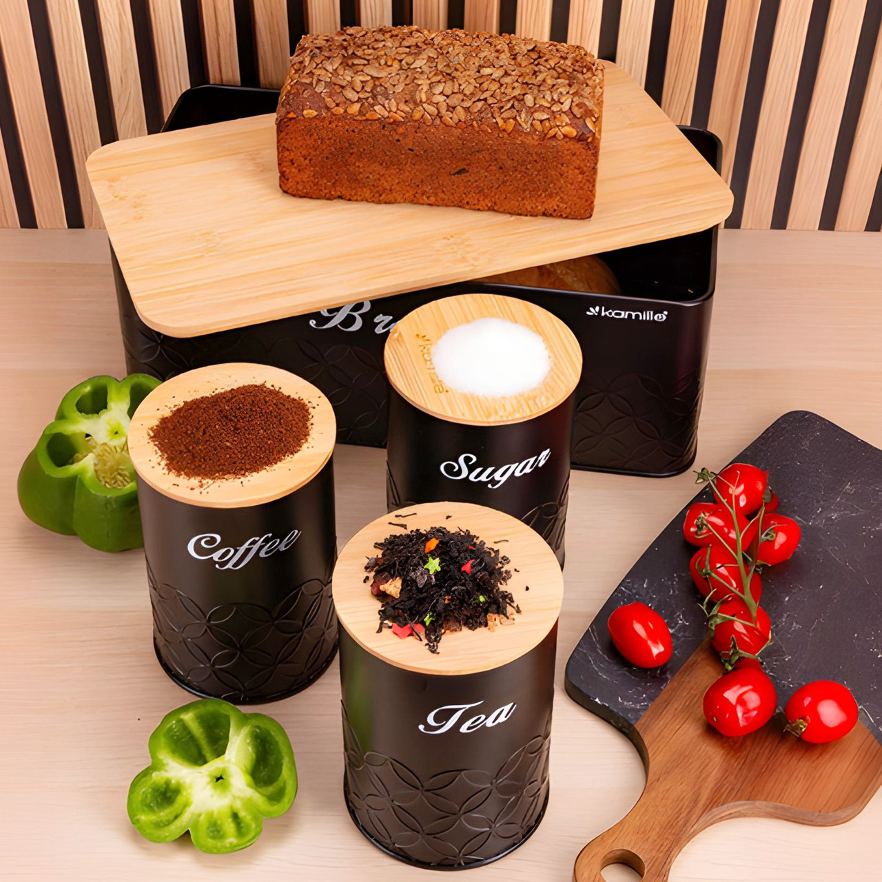 Хлібниця з рельєфом і контейнерами чорна Kamille KM-1127