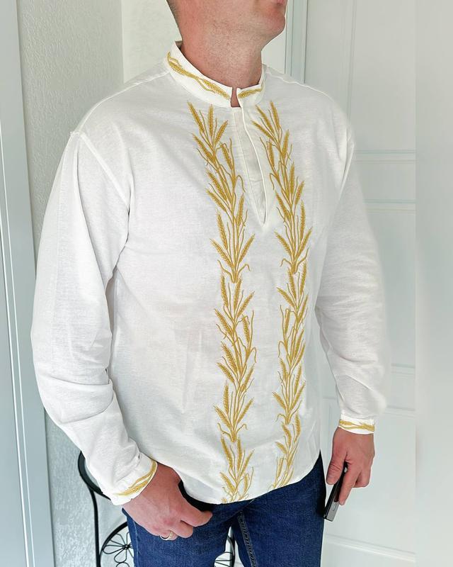 Чоловіча вишиванка ESQ молочного кольору з вишивкою колосся, фото 1