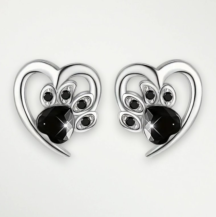 Сережки-гвоздики сріблясті півсерце з чорною котячою лапкою 1.3 см IgnisFlos892, фото 1