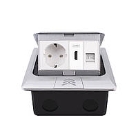 Розетка підлогова подвійна LIVOLO срібна, вбудована у підлогу, з HDMI, інтернет RJ-45, для кухні, офісу чи конференц-залу, з