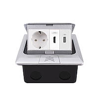 Розетка підлогова подвійна LIVOLO срібна, вбудована у підлогу, з USB 10Вт, HDMI, для кухні, офісу чи конференц-залу, з кришкою,