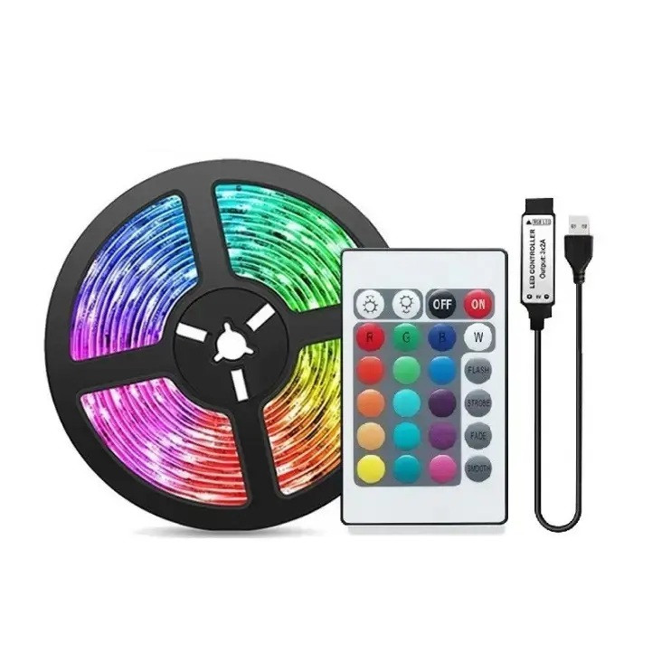Світлодіодна RGB стрічка 10 м з пультом 24 кнопки, LED підсвітка на USB 5V, гнучка світлодіодна стрічка з клейкою основою