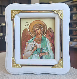 Ікона Ангел Хранитель на хрещення в білому дерев'яному фігурному кіоті під склом, кіот 19*17, сюжет 10*12