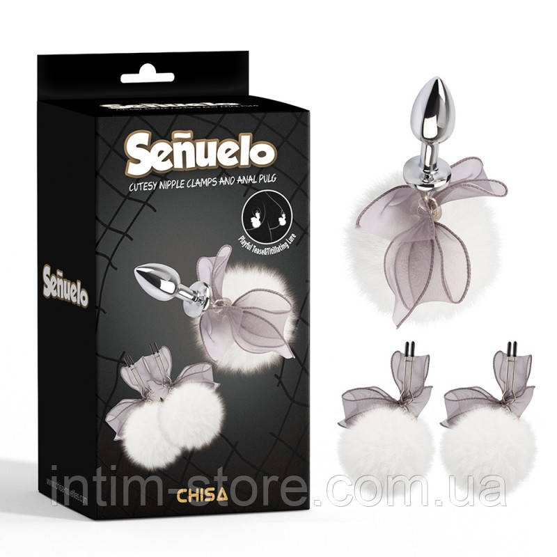 Набір з бантиками та гарматою Cutesy Nipple Clamps and Anal Pulg, Білий, фото 1