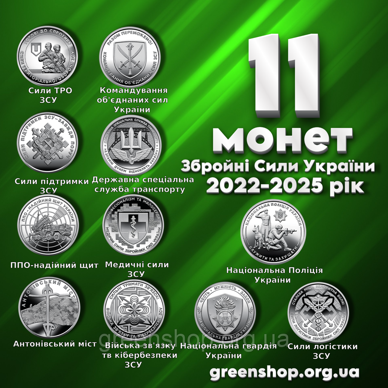 Новинка! Найповніший набір монет 11 штук ЗСУ 2022-2025 рр. НГУ Сили логістики ППО Національна гвардія України, фото 1