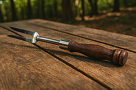 Вилка для барбекю SKK47: нержавіюча сталь, дерев'яна ручка, 35 см, для шашлику та стейків.