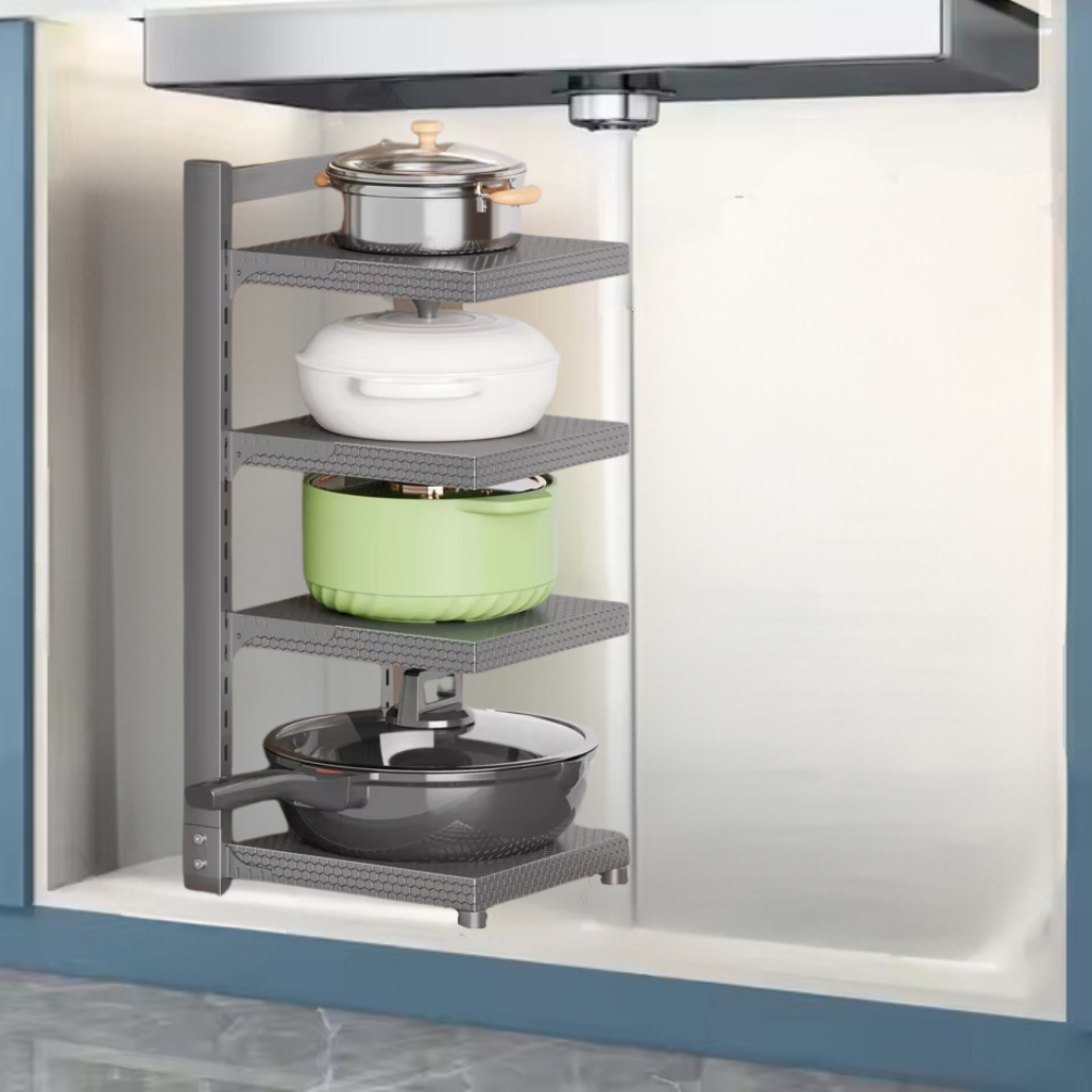 Полиця-підставка для каструль кухонна чотирирівнева з вуглецевої сталі з чотирма знімними полицями, сіра